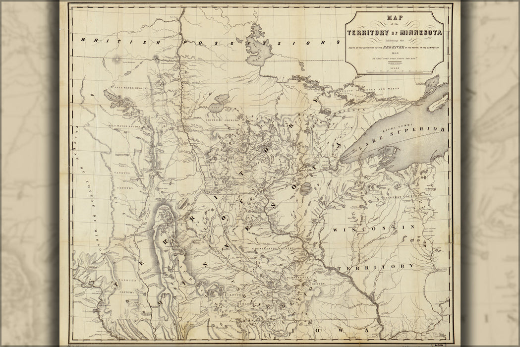 24"x36" Gallery Poster, Map of Minnesota & wisconsin by capt pope 1849