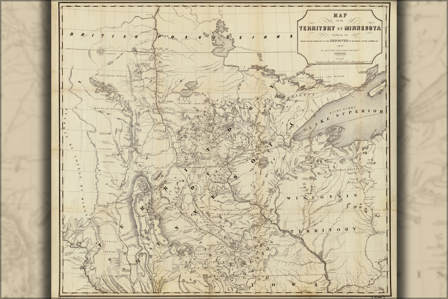 24"x36" Gallery Poster, Map of Minnesota & wisconsin by capt pope 1849