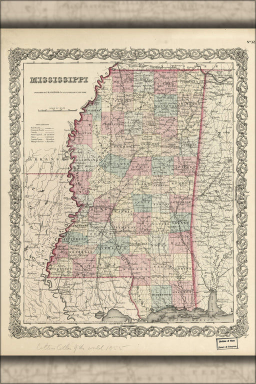 24"x36" Gallery Poster, Map of Mississippi 1855