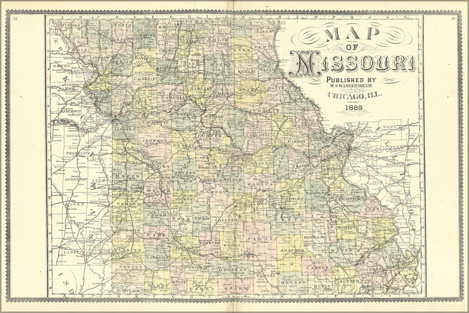 24"x36" Gallery Poster, Map of Missouri 1889