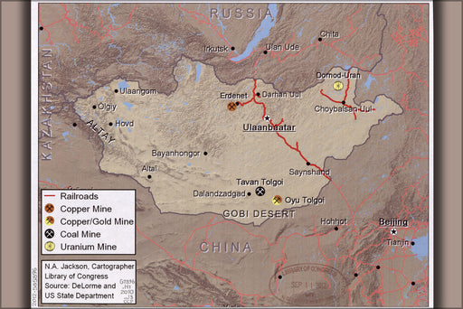 24"x36" Gallery Poster, Map of Mongolia mines & railroads 2010