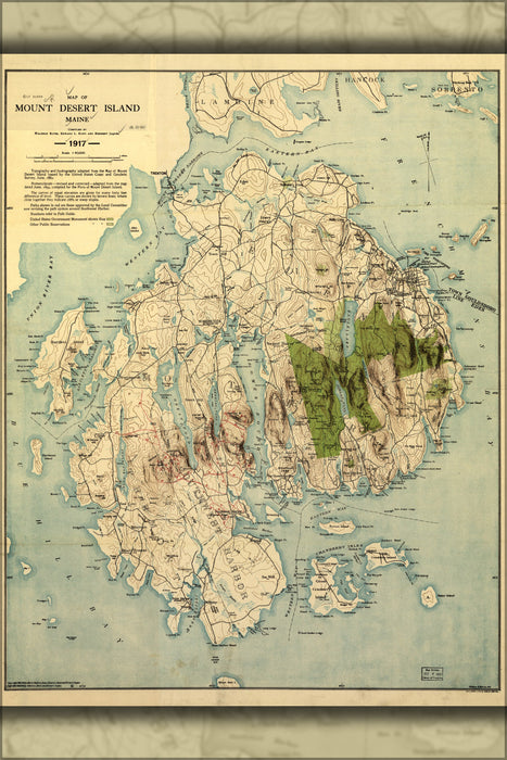 24"x36" Gallery Poster, Map of Mount Desert Island, Maine 1917