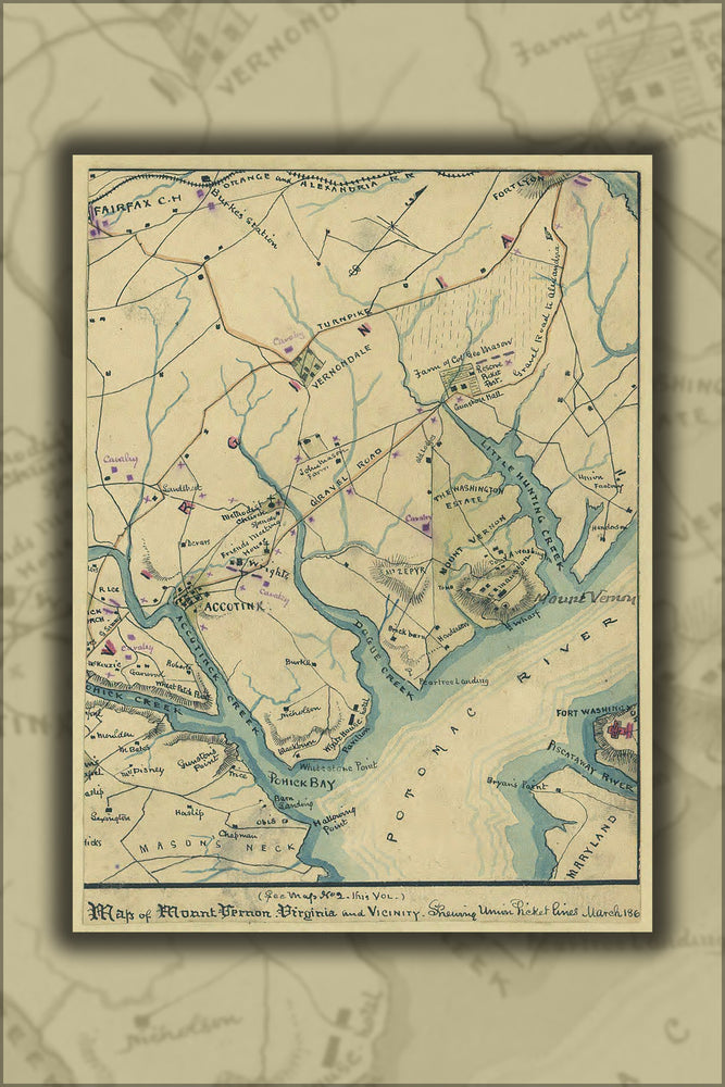 24"x36" Gallery Poster, Map of Mount Vernon, Virginia & Union lines 1861