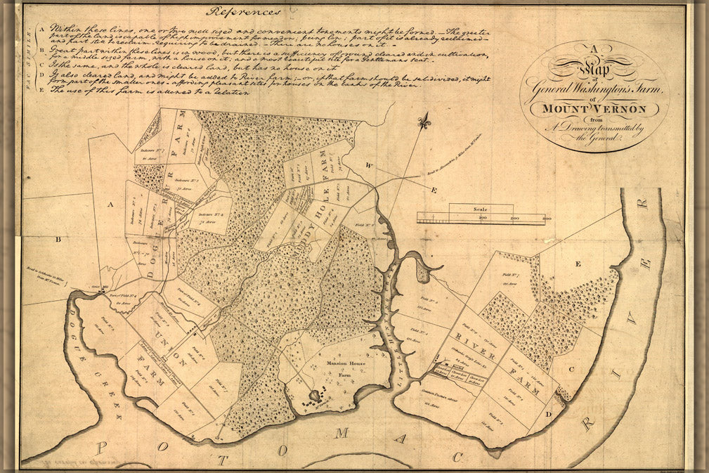 24"x36" Gallery Poster, Map of Mount Vernon, residence of George Washington made by himself. c1801