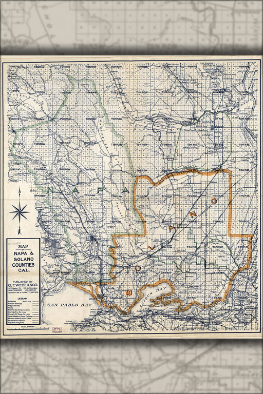 24"x36" Gallery Poster, Map of Napa & Solano Counties, California 1913