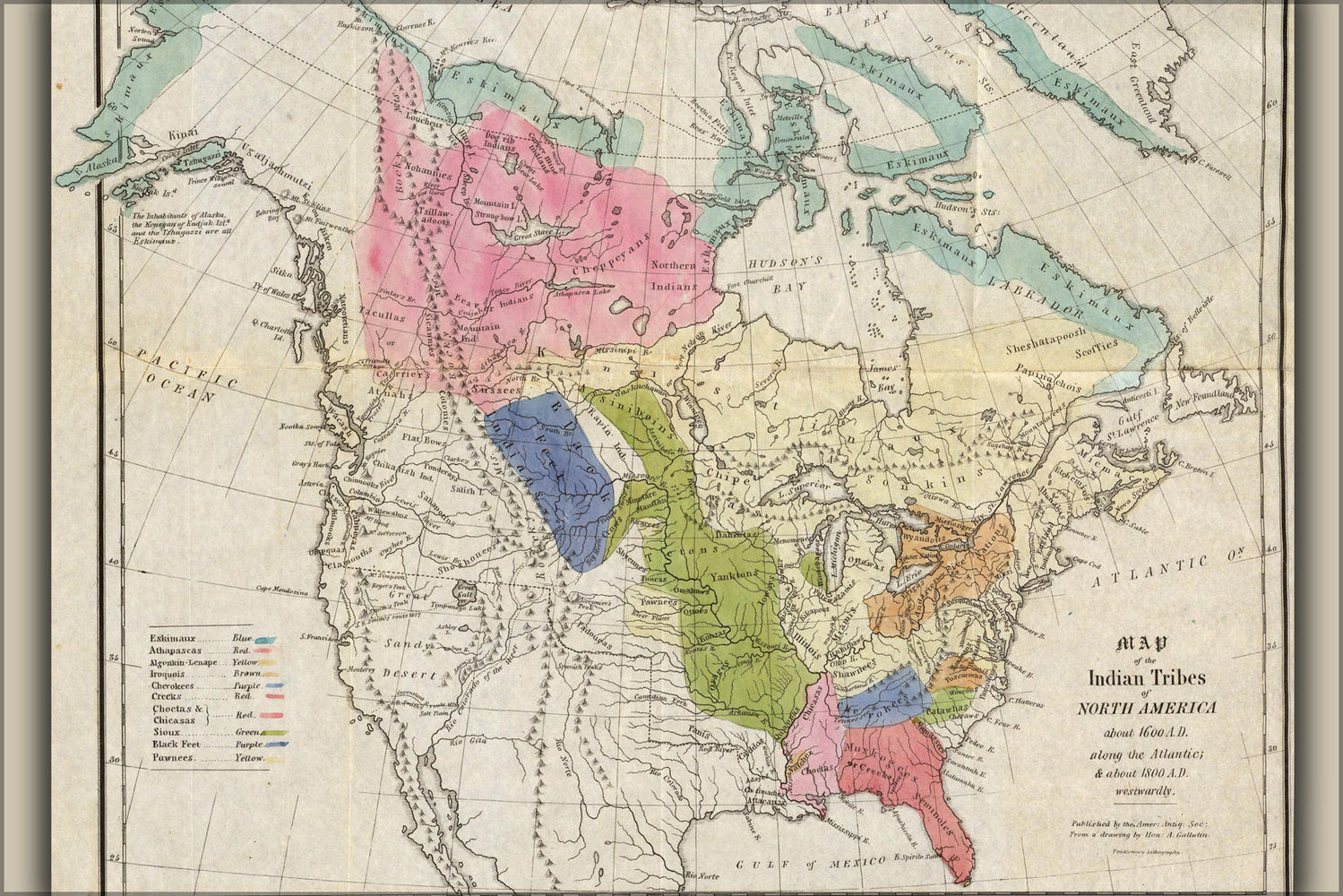 24"x36" Gallery Poster, Map of Native American Indian Tribes around 1600