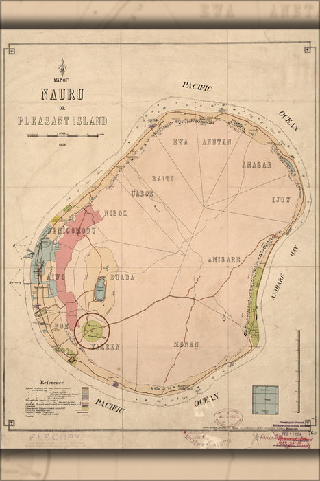 24"x36" Gallery Poster, Map of Nauru or Pleasant Island 1926
