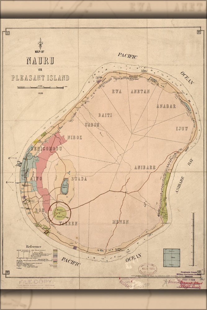 24"x36" Gallery Poster, Map of Nauru or Pleasant Island 1926