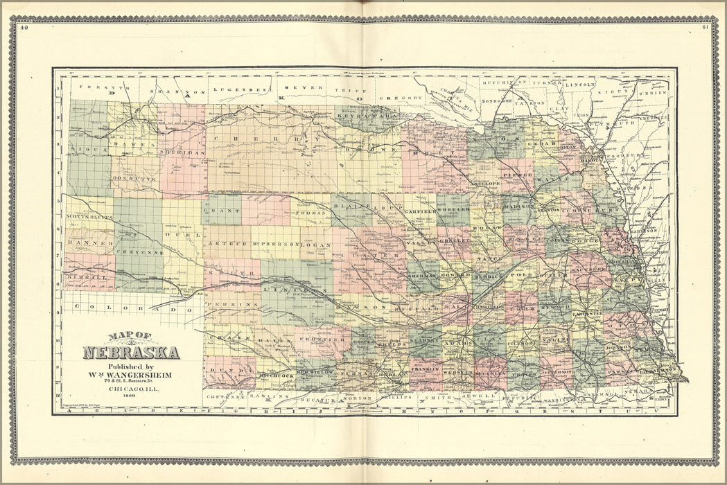 24"x36" Gallery Poster, Map of Nebraska 1889