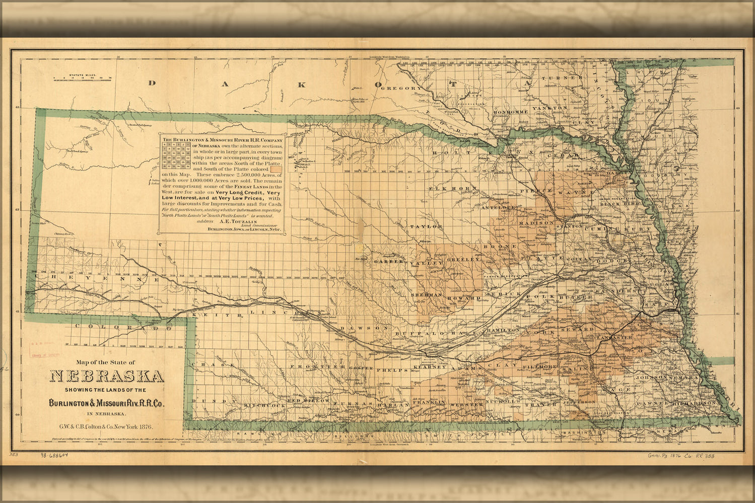 24"x36" Gallery Poster, Map of Nebraska, Burlington & Mo. Railroad 1876