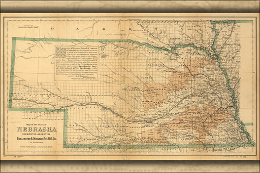 24"x36" Gallery Poster, Map of Nebraska, Burlington & Mo. Railroad 1876