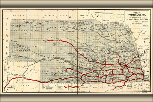 24"x36" Gallery Poster, Map of Nebraska pub by Burlington railroad 1886