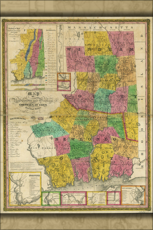 24"x36" Gallery Poster, Map of New London & Windham co. Connecticut 1833