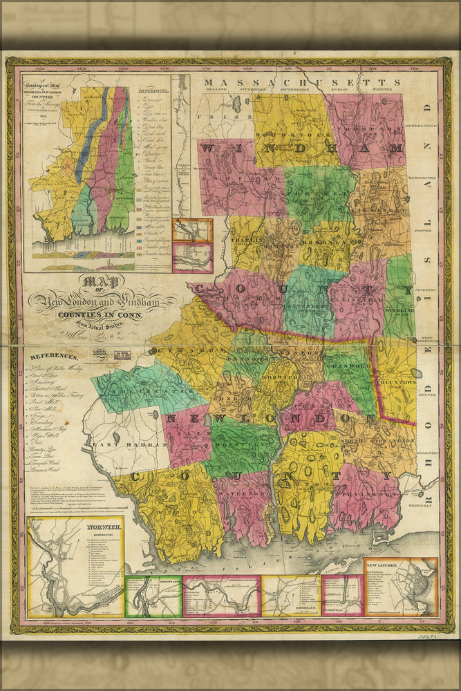 24"x36" Gallery Poster, Map of New London & Windham co. Connecticut 1833