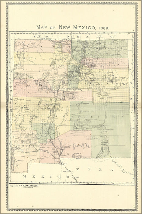 24"x36" Gallery Poster, Map of New Mexico 1889