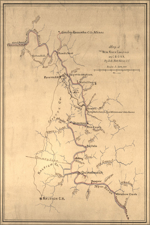 24"x36" Gallery Poster, Map of New River Coalfield C.& O. Railroad 1880