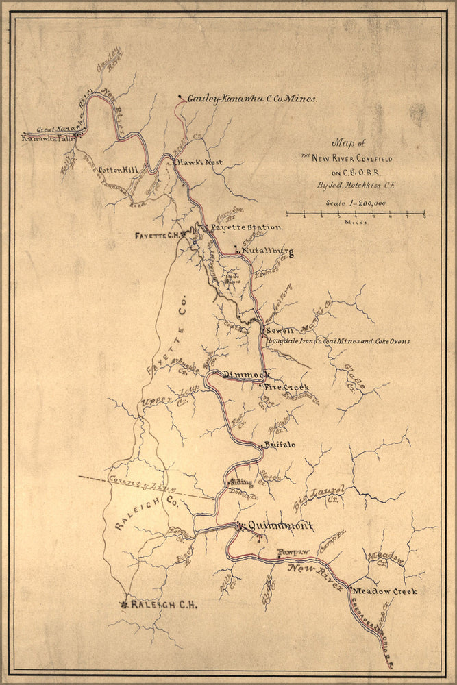 24"x36" Gallery Poster, Map of New River Coalfield C.& O. Railroad 1880