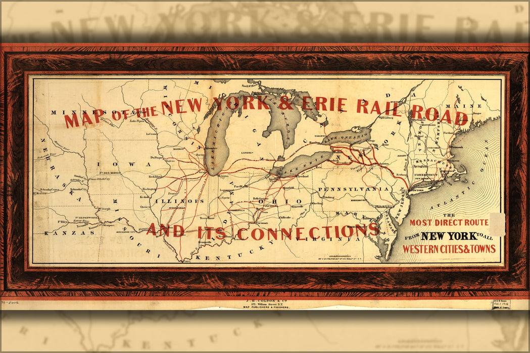 24"x36" Gallery Poster, Map of New York Erie RailRoad ohio illinois 1855
