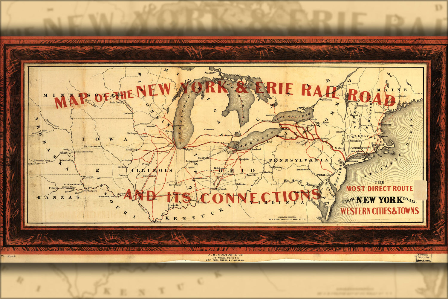 24"x36" Gallery Poster, Map of New York Erie RailRoad ohio illinois 1855