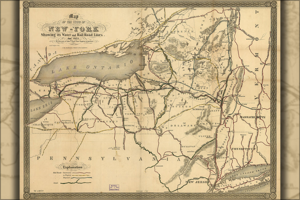 24"x36" Gallery Poster, Map of New York state water & railroads 1855