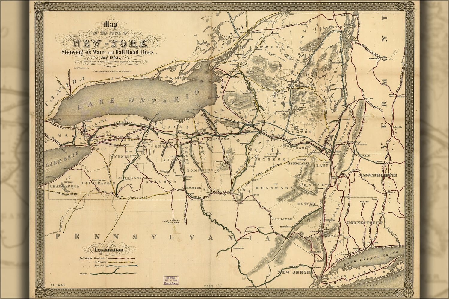 24"x36" Gallery Poster, Map of New York state water & railroads 1855