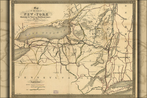 24"x36" Gallery Poster, Map of New York state water & railroads 1855