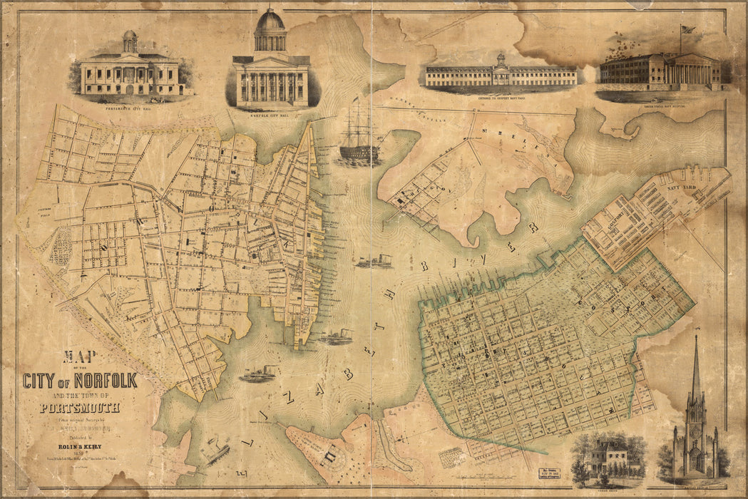 24"x36" Gallery Poster, Map of Norfolk & Portsmouth virginia 1851