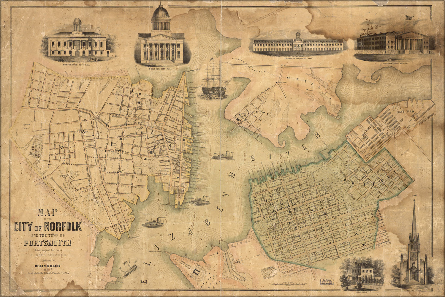 24"x36" Gallery Poster, Map of Norfolk & Portsmouth virginia 1851