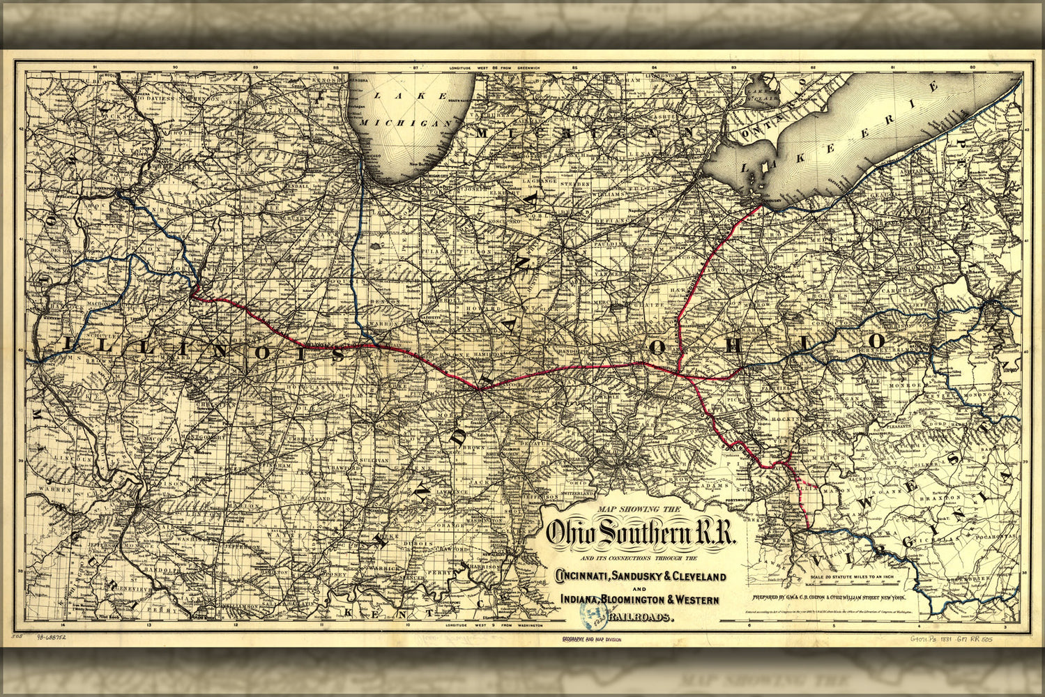 24"x36" Gallery Poster, Map of Ohio Southern Railroad Cincinnati 1881