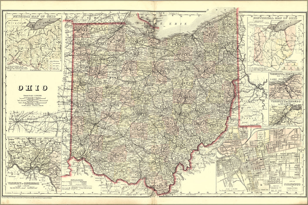 24"x36" Gallery Poster, Map of Ohio with insets of cities 1894
