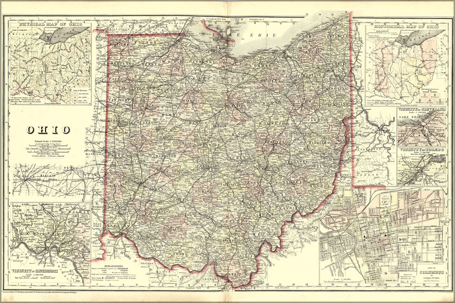 24"x36" Gallery Poster, Map of Ohio with insets of cities 1894