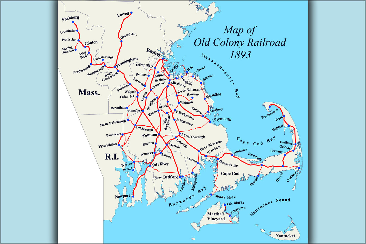 24"x36" Gallery Poster, Map of Old Colony Railroad Network, Massachusetts and Rhode Island, c1893