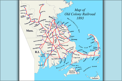 24"x36" Gallery Poster, Map of Old Colony Railroad Network, Massachusetts and Rhode Island, c1893