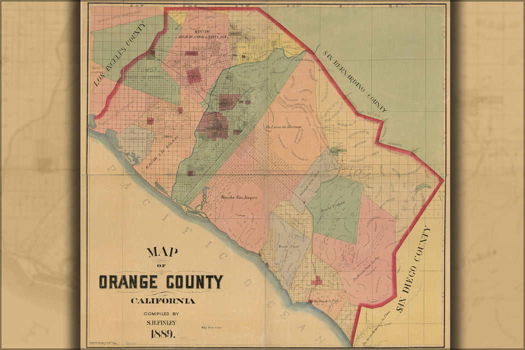 24"x36" Gallery Poster, Map of Orange County, California 1889