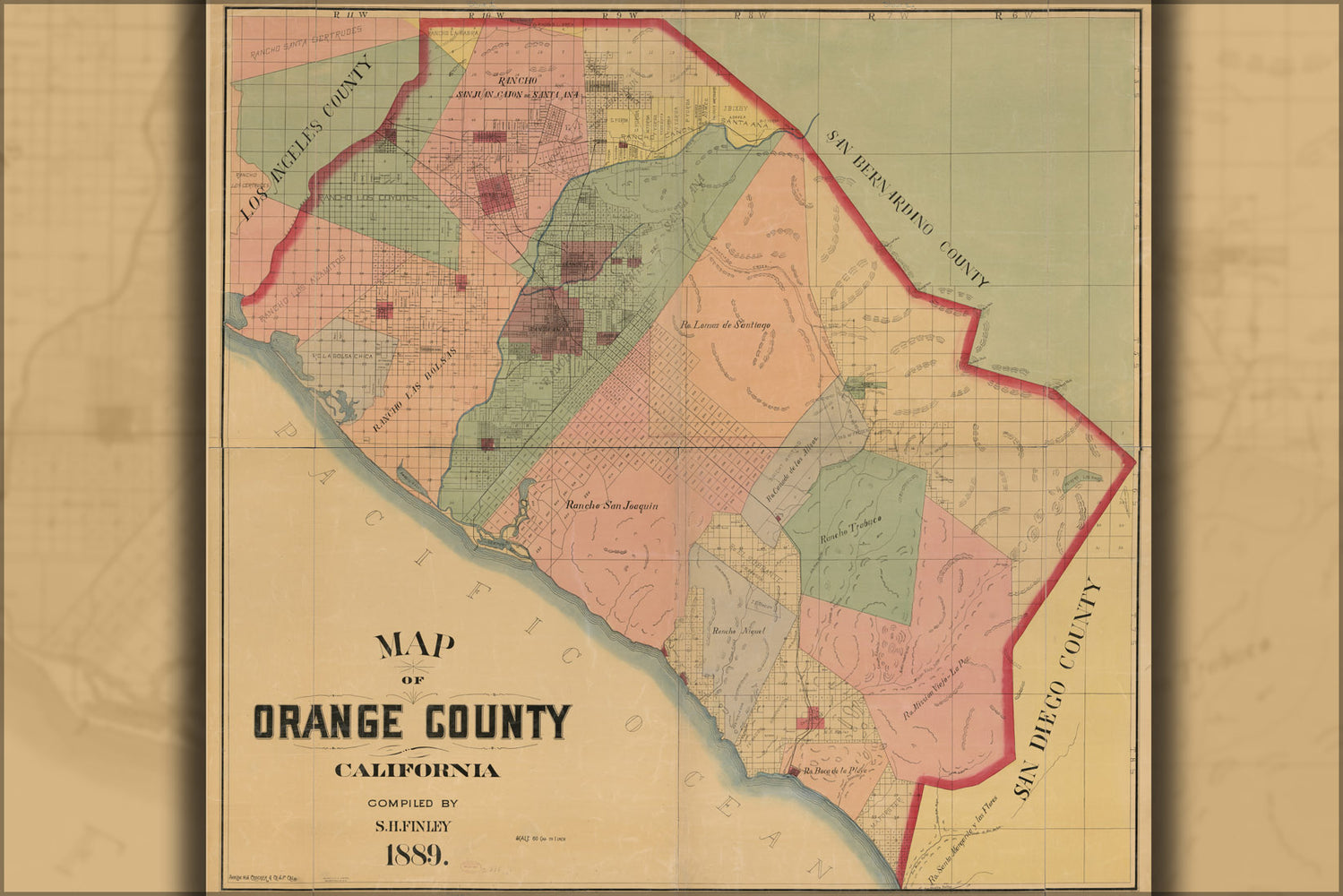 24"x36" Gallery Poster, Map of Orange County, California 1889