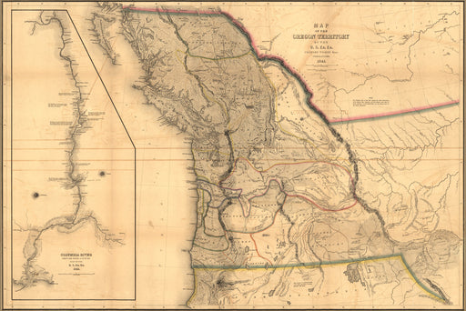 24"x36" Gallery Poster, Map of Oregon Territory; washington state 1844