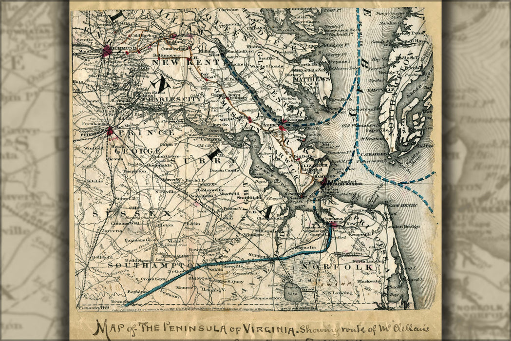 24"x36" Gallery Poster, Map of Peninsula of Virginia McClellans Army 1865