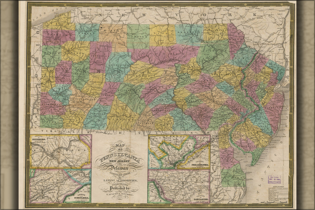 24"x36" Gallery Poster, Map of Pennsylvania, New Jersey, & Delaware 1832