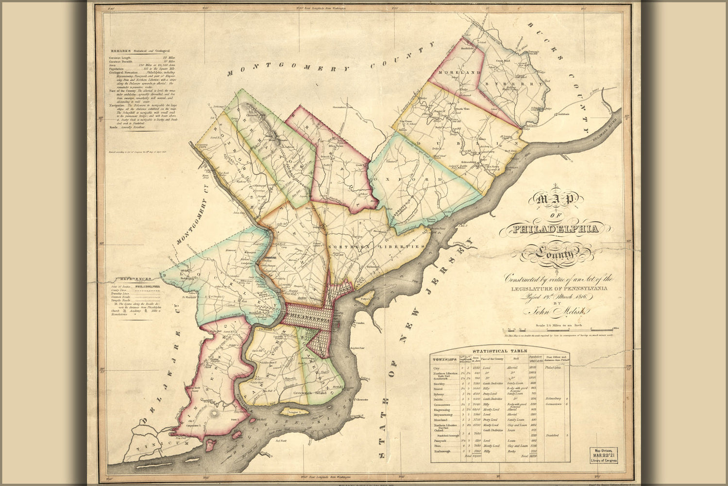 24"x36" Gallery Poster, Map of Philadelphia County 1819