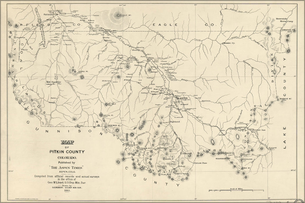 24"x36" Gallery Poster, Map of Pitkin County, Colorado 1884
