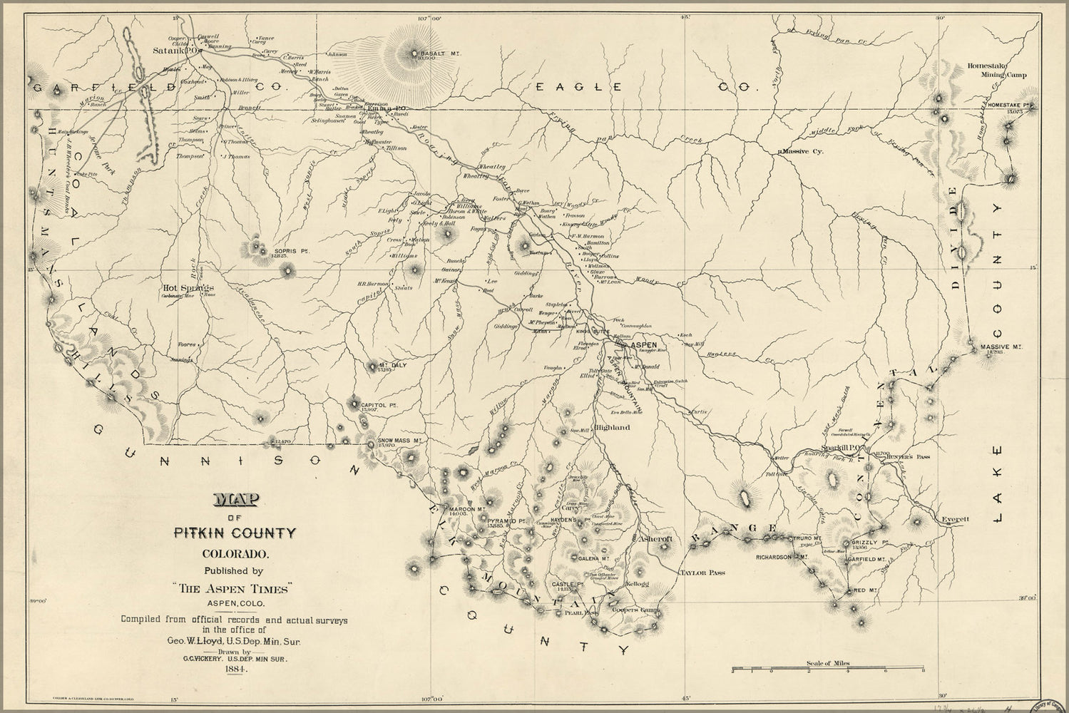 24"x36" Gallery Poster, Map of Pitkin County, Colorado 1884