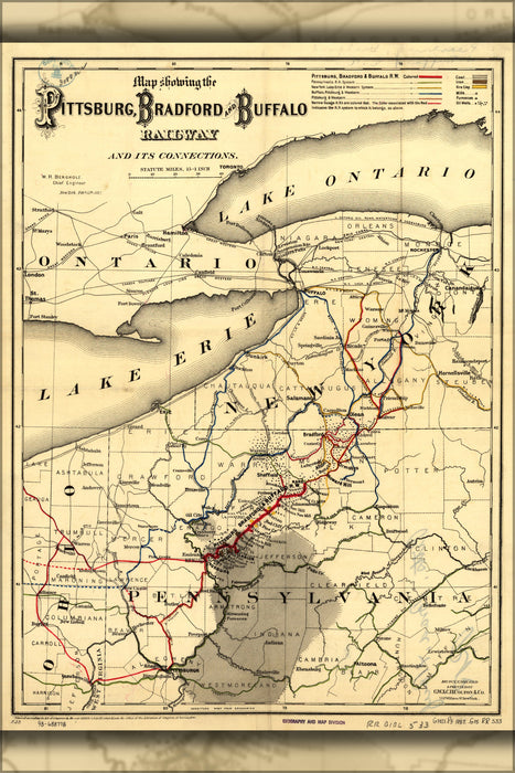 24"x36" Gallery Poster, Map of Pittsburgh Bradford Buffalo Railroad 1882