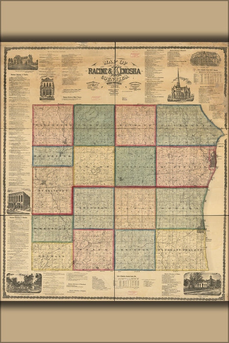 24"x36" Gallery Poster, Map of Racine & Kenosha counties, Wisconsin 1873