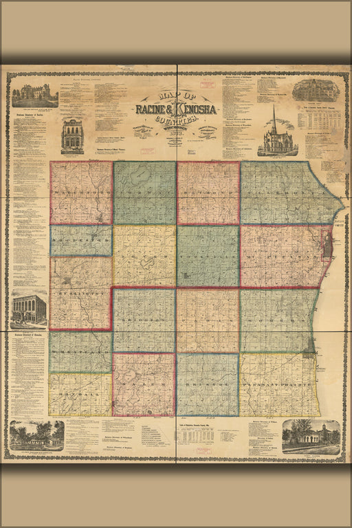 24"x36" Gallery Poster, Map of Racine & Kenosha counties, Wisconsin 1873