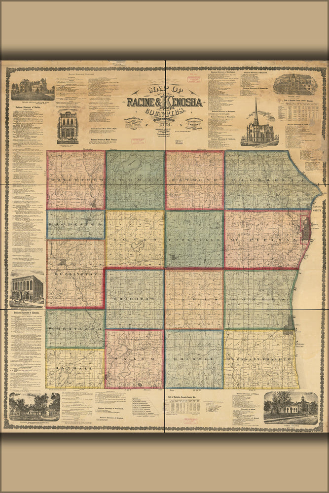 24"x36" Gallery Poster, Map of Racine & Kenosha counties, Wisconsin 1873