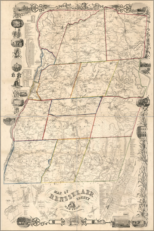 24"x36" Gallery Poster, Map of Rensselaer County, New York 1854