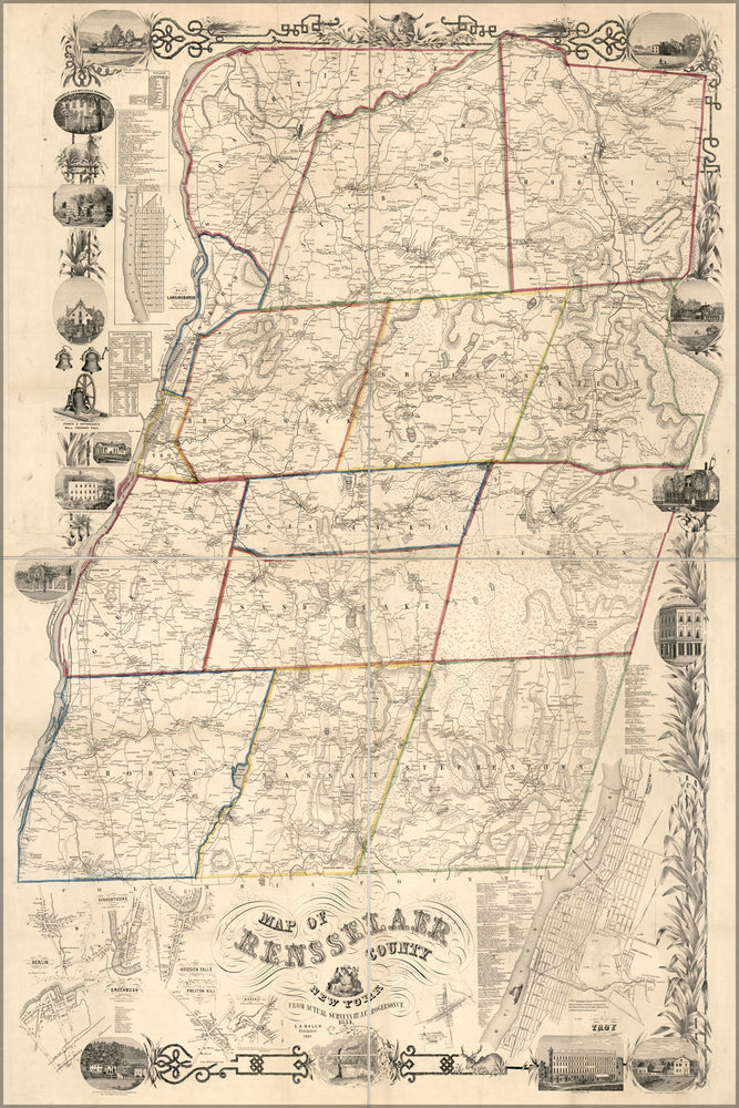 24"x36" Gallery Poster, Map of Rensselaer County, New York 1854