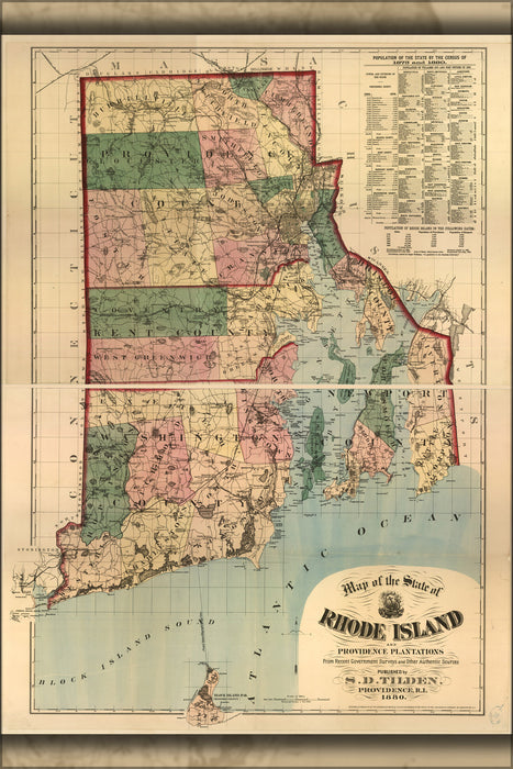 24"x36" Gallery Poster, Map of Rhode Island & Providence Plantations 1880
