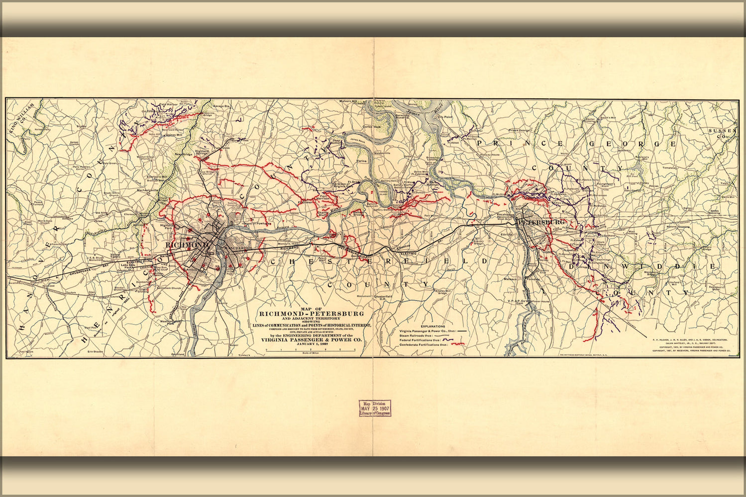 24"x36" Gallery Poster, Map of Richmond Petersburg virginia 1907
