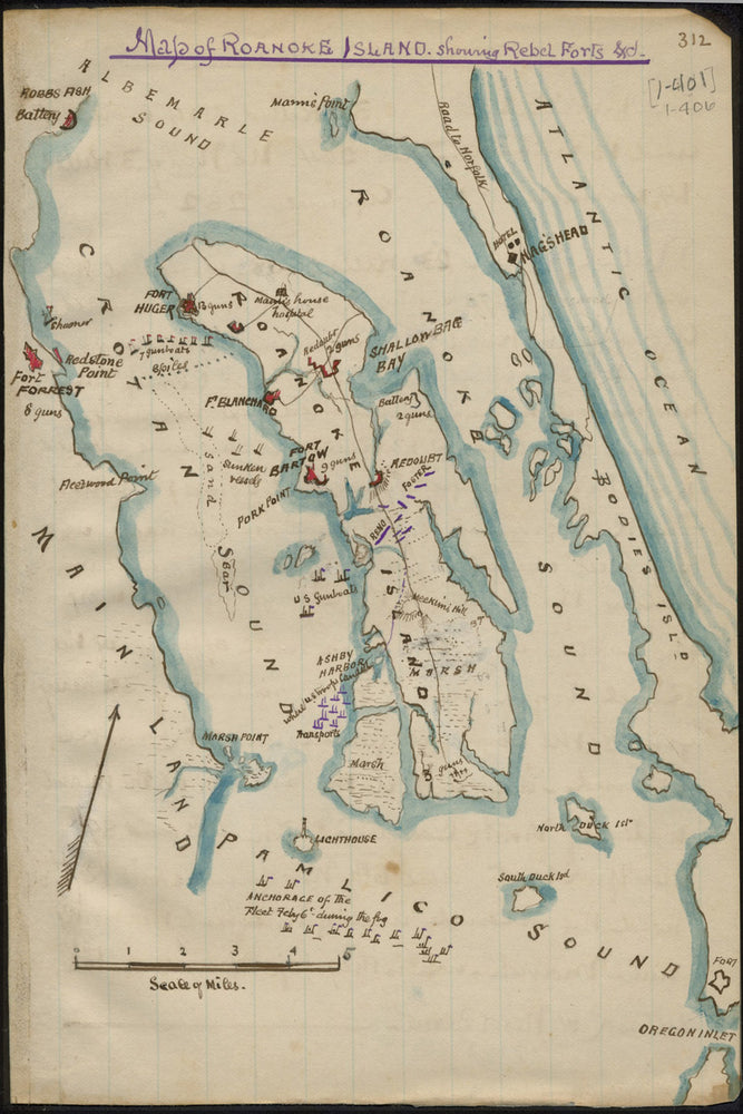 24"x36" Gallery Poster, Map of Roanoke Island showing Rebel forts 1862